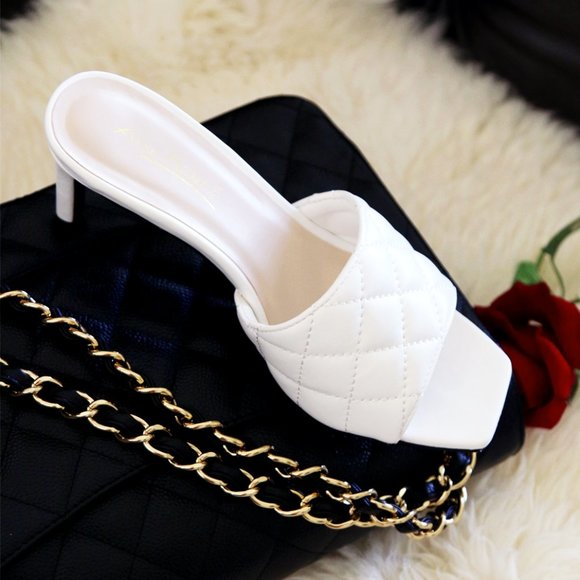White Quilted Square Toe Heel Mules Sandal Shoes - Picture 4 of 10
